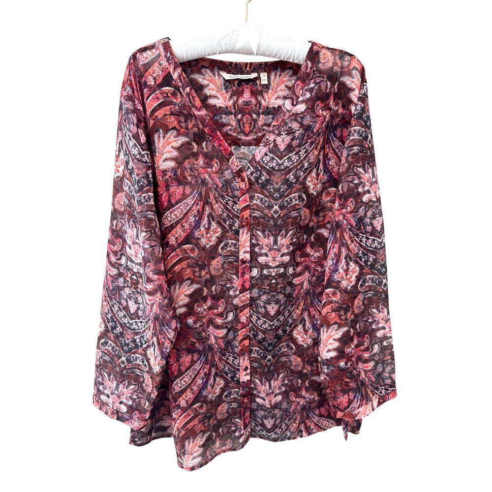 SOFT SURROUNDINGS Paisley Sheer Button Front Blouse Boho Tunic Top Plus | 1X